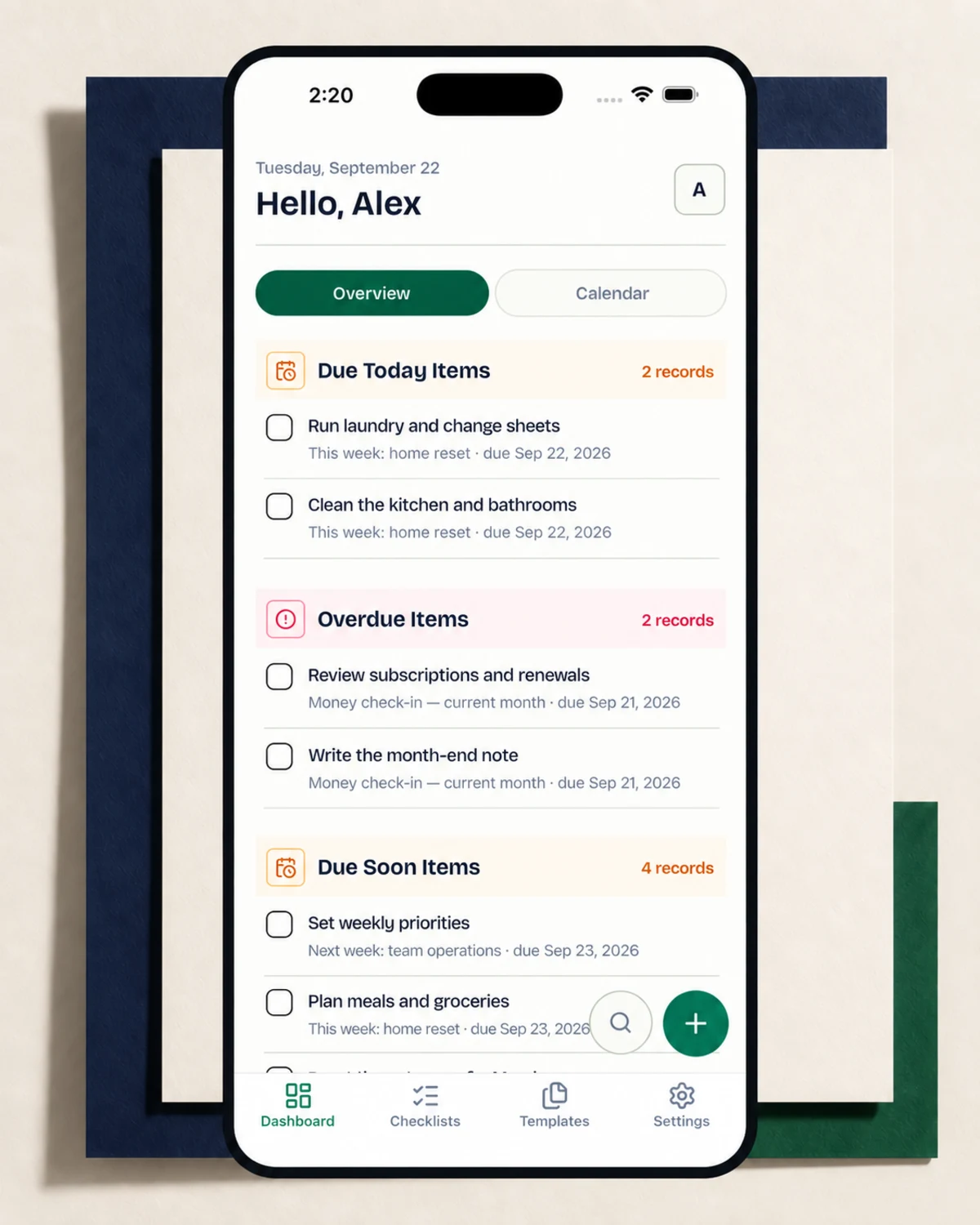 OnlyCheckboxes dashboard showing due today, overdue, and upcoming checklist items.