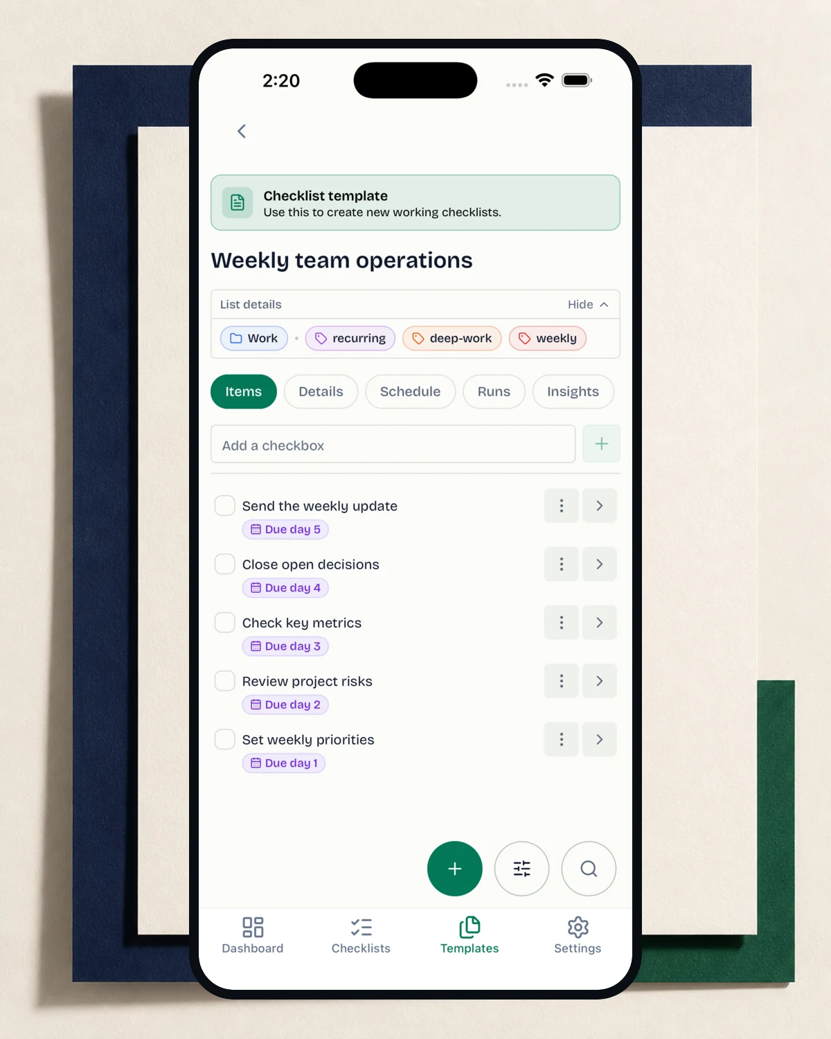 OnlyCheckboxes weekly team operations template with tasks assigned across a five-day schedule.