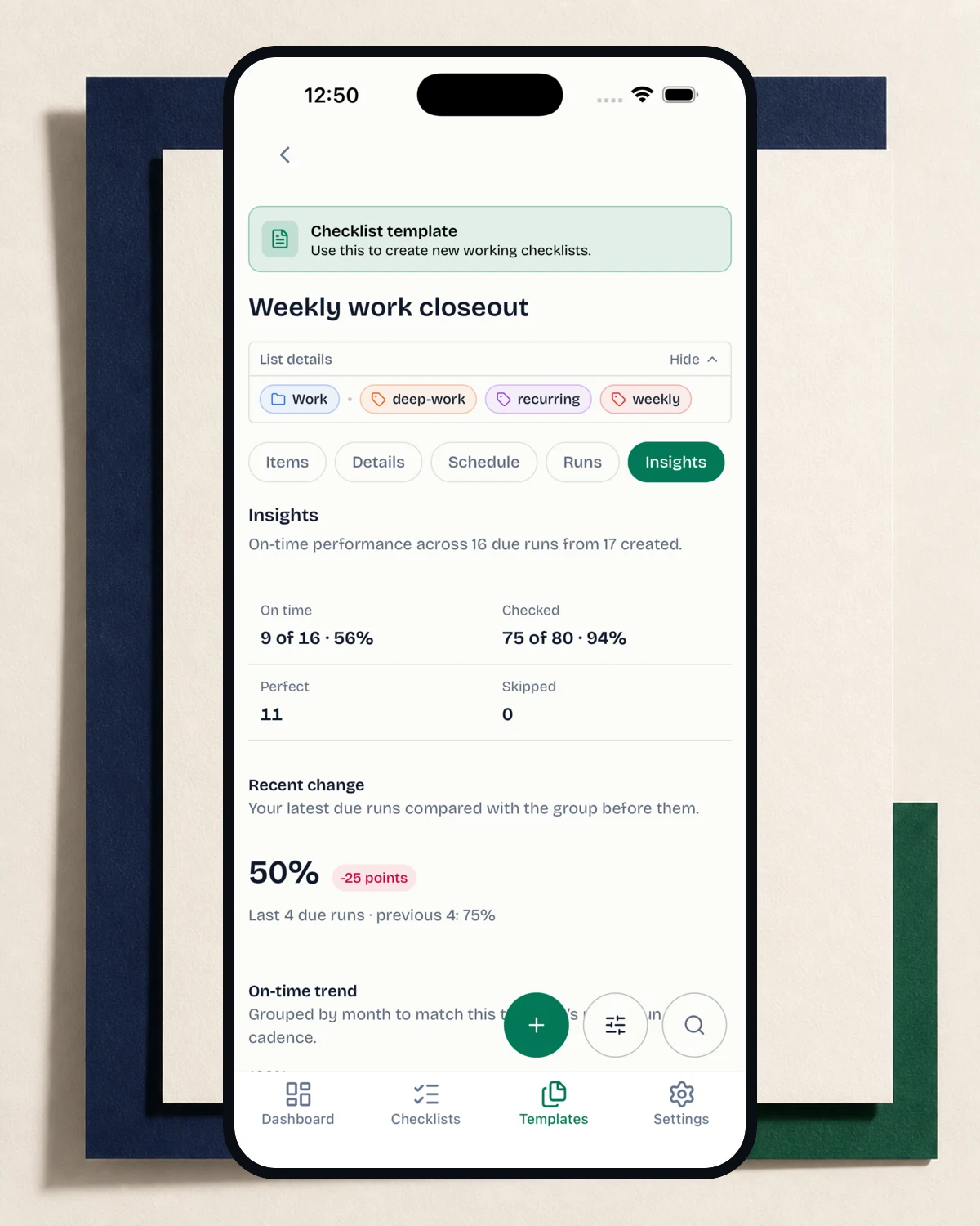 OnlyCheckboxes weekly work closeout template showing insights for on-time runs, checked items, perfect runs, and recent change.