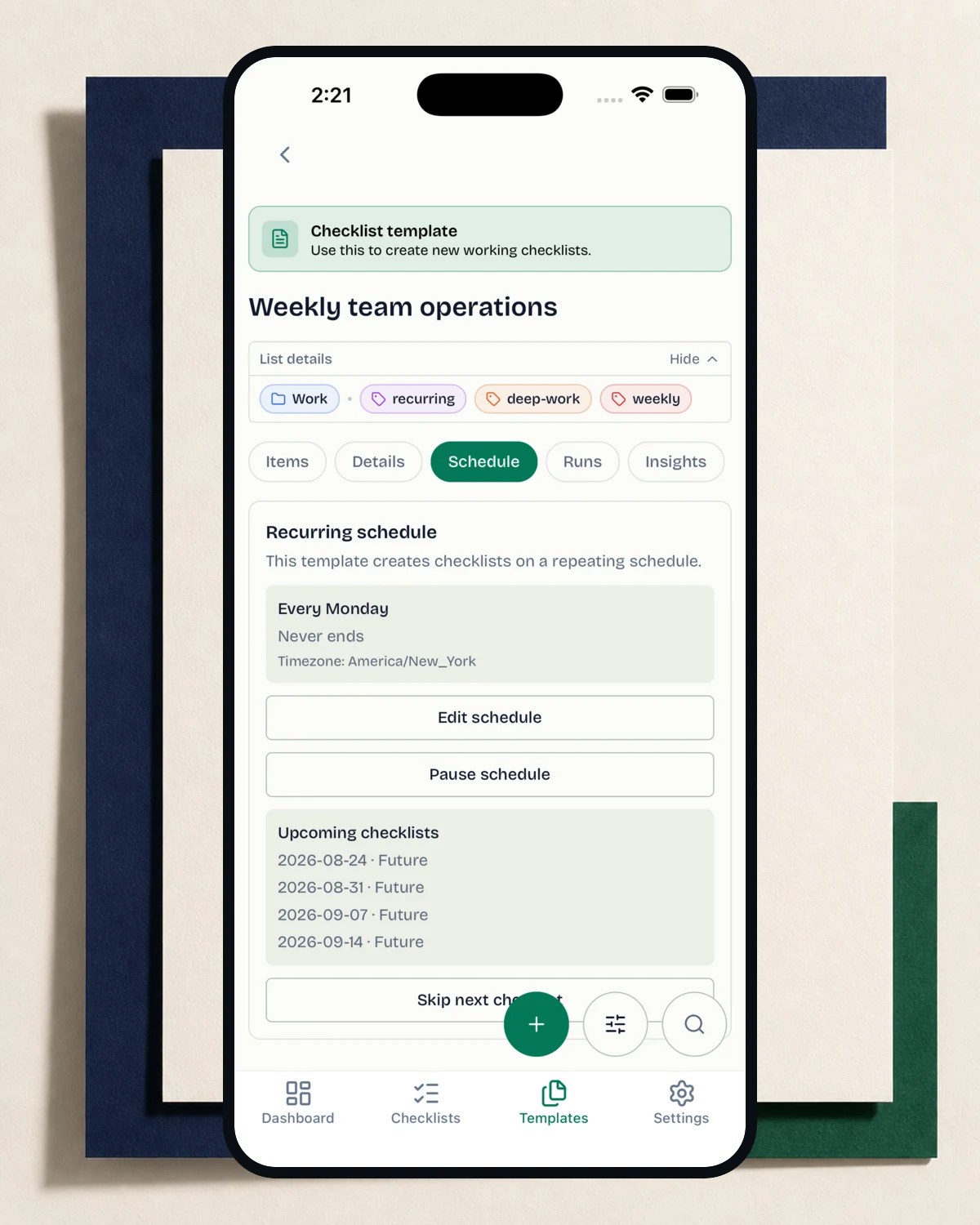 OnlyCheckboxes weekly team operations template showing its recurring Monday schedule and upcoming checklist runs.