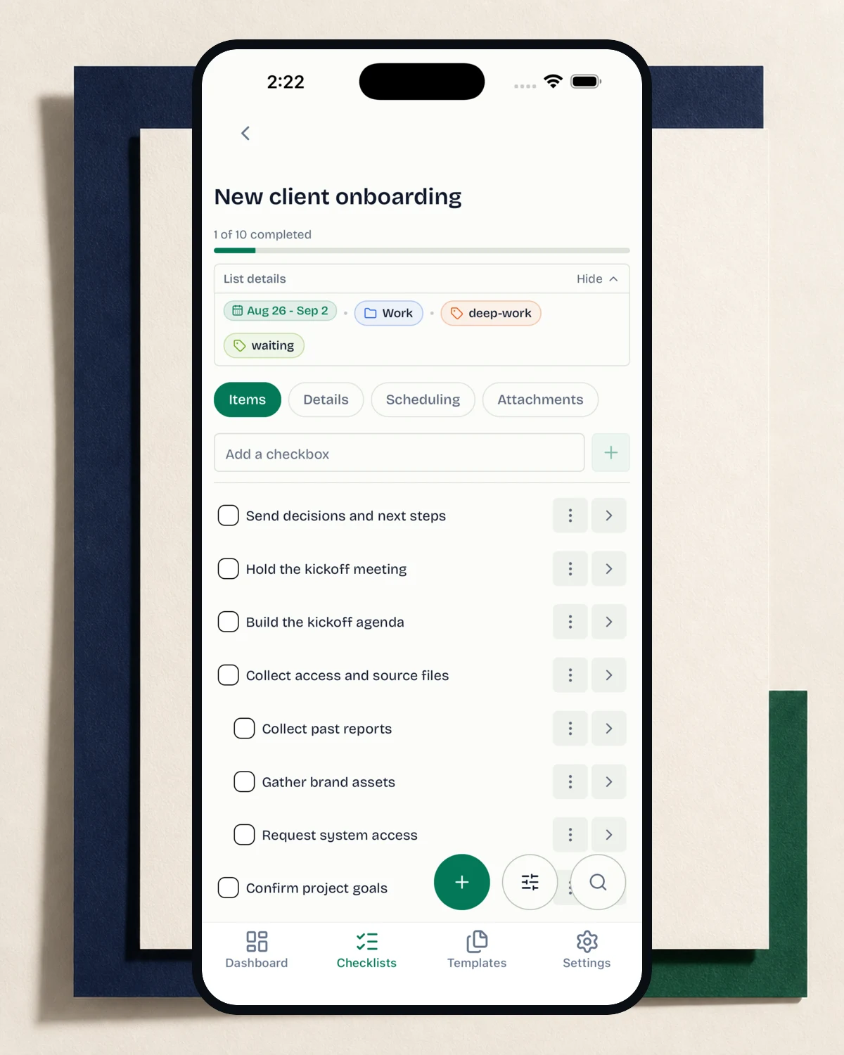 OnlyCheckboxes client onboarding checklist showing its date range, category, tags, attachments, and detailed tasks.